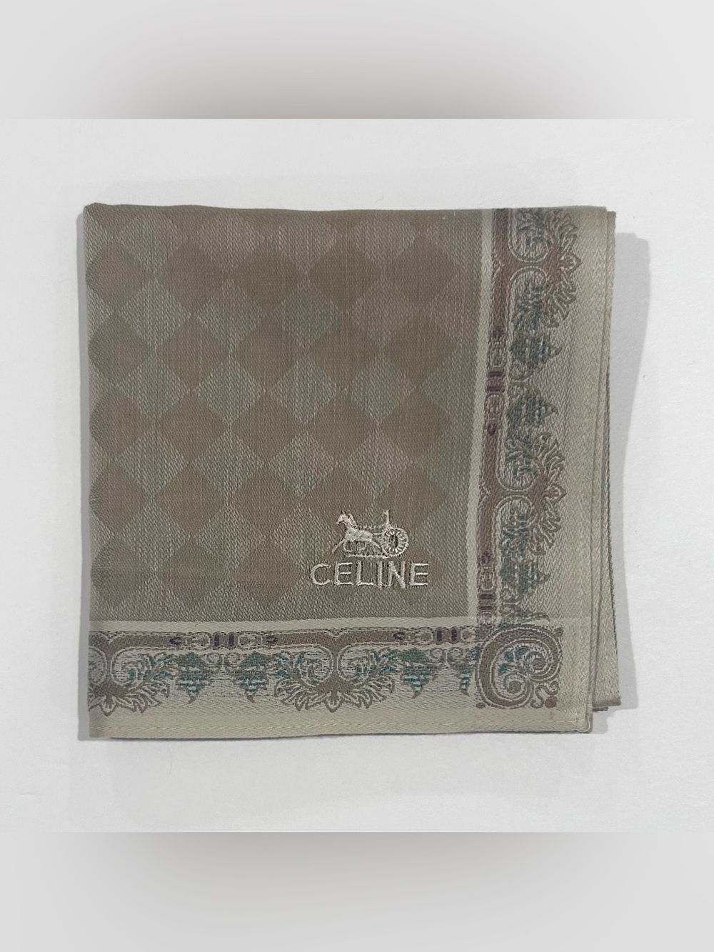 Women Men Handkerchief CELINE Beige Gray Paisley COTTON POCKET SQUARE 18”